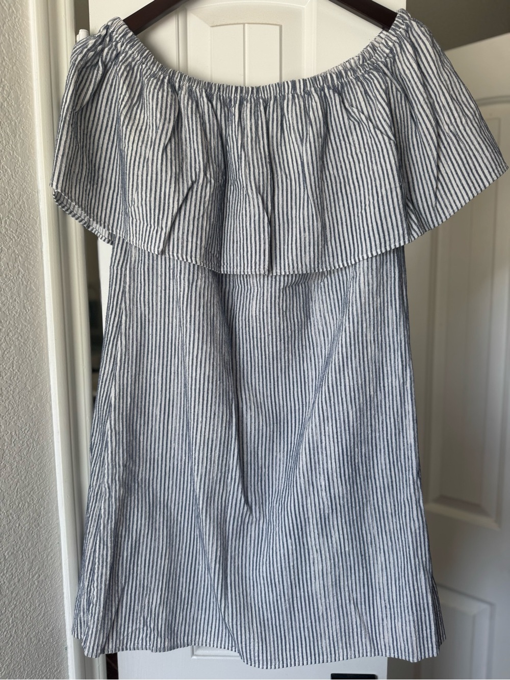 J. Crew 100% cotton off-shoulder dress, blue and white pinstripes size S